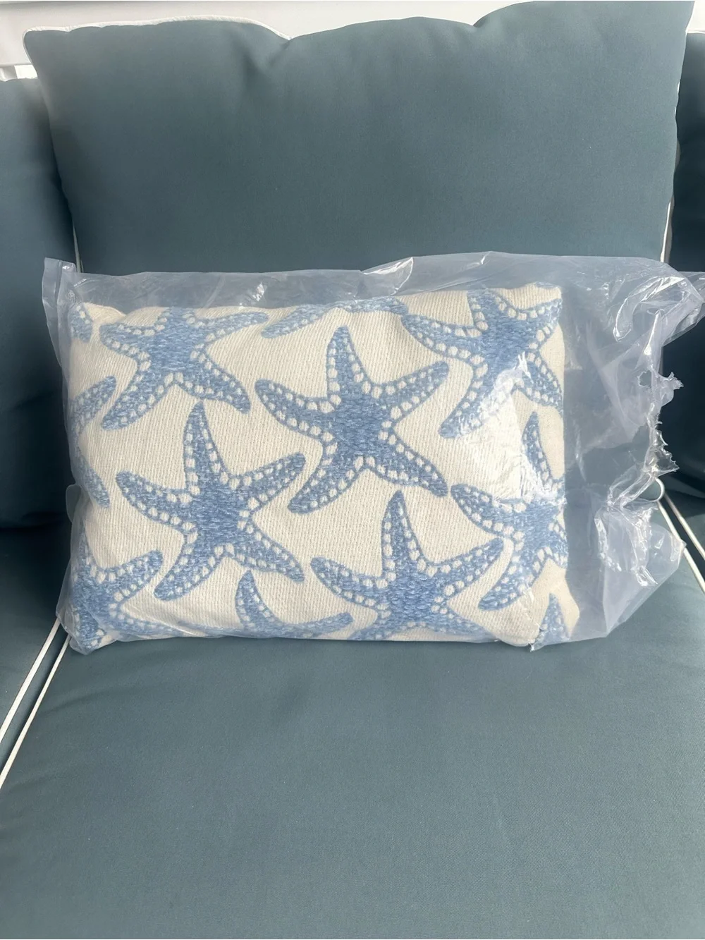 New blue and cream starfish lumbar accent pillow (@18”x11”): 3 available